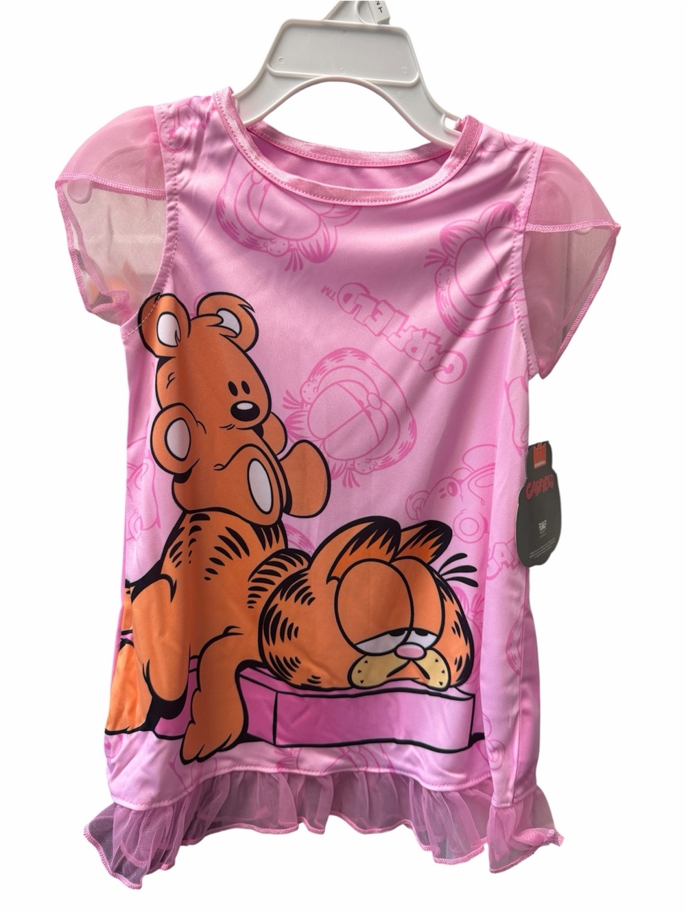 NWT Garfield Pink Nightgown Girls Pajamas Mesh Sleeves Ruffle Hem Size 2T 3T 4T